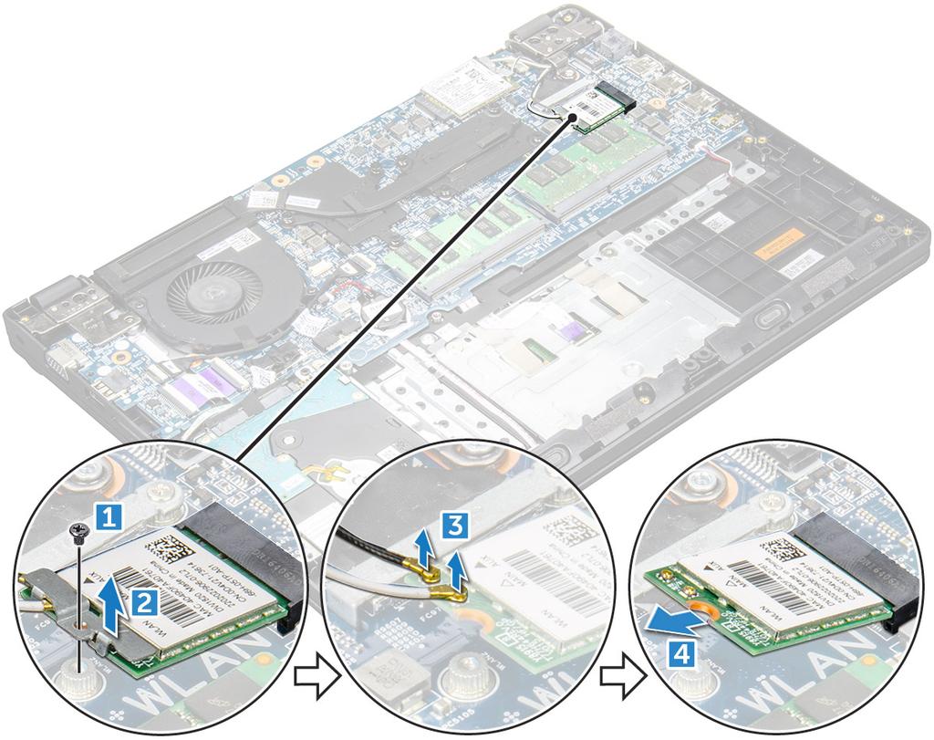 b Nosta metallikiinnike irti WLAN-kortista [2]. c Irrota kaksi WLAN-kaapelia, joilla WLAN-kortti kiinnittyy antenniin [3]. d Irrota WLAN-kortti emolevyn liitännästä [4].