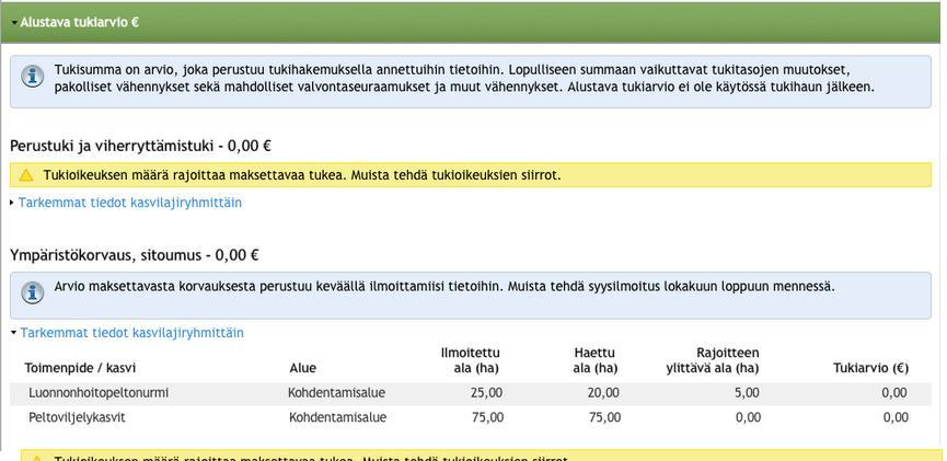 Alustava tukiarvio Tukioikeudet vertailu haettu ala / tukioikeudet (Perustuki ja viherryttäminen) Tukiarvion lisäksi osiosta löytyy erilaisia tarkisteita pinta-aloihin liittyvistä maksun