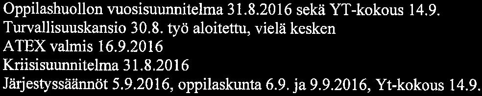 Turvallisuuskansio 30. 8. työ aloitettu, vielä kesken ATEX valmis 16. 9. 2016 Kriisisuunnitelma 31. 8. 2016 Järjestyssäännöt 5.