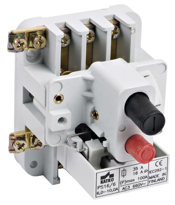 MOOTTORINSUOJAKATKAISIJAT PS 16 Moottorin suora käynnistäminen ja pysäyttäminen Koestettu +20 C E 29-74, IEC 60 292-1 ja VDE 0660 mukaisesti Yli +20 C lämpötiloissa bi-metalli taipuu ilman moottorin