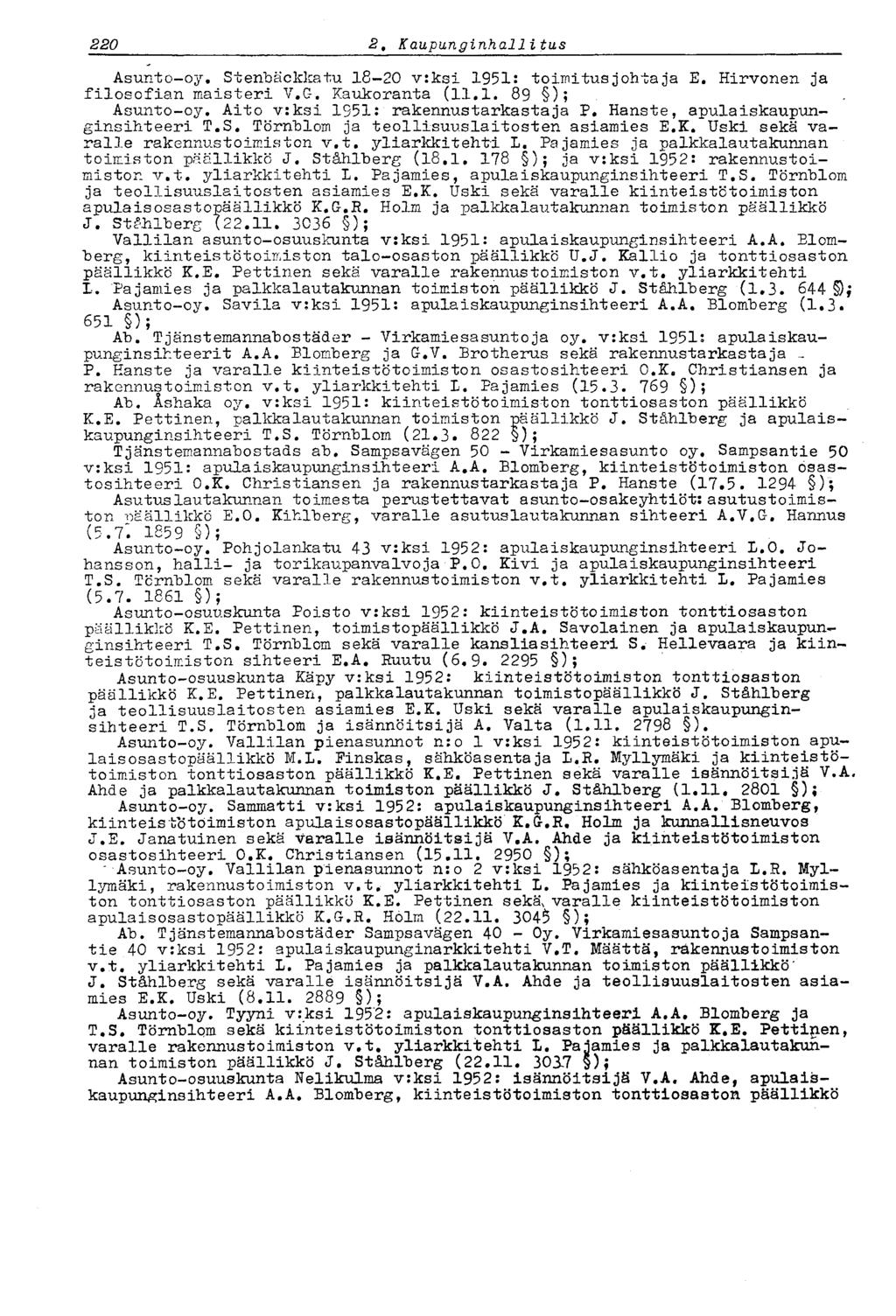 220 2* Kaupunginhallitus Asunto-oy. Stenbäckkatu 18-20 v:ksi 1951: toimitusjohtaja E. Hirvonen ja filosofian maisteri V.G-. Kaukoranta (11.1. 89 ); Asunto-oy. Aito v:ksi 1951: rakennustarkastaja P.