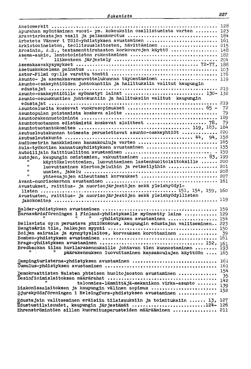 Hakemisto 227 Ansiomerkit 128 Apurahan myöntäminen vuosi- ym.