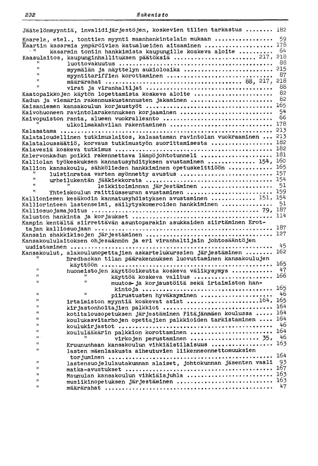 232 Hakemisto Jäätelönmyyntiä, invalidijärjestöjen, koskevien tilien tarkastus 182 Kaarela, etel.