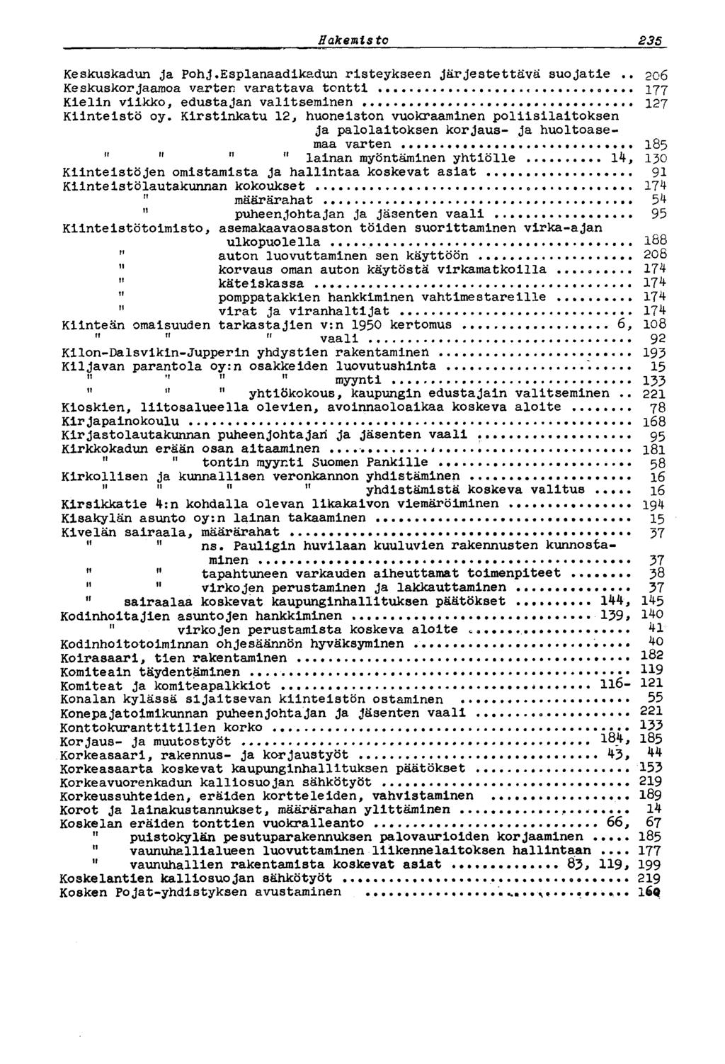 Hakemisto 235 Keskuskadun ja Pohj Esplanaadikadun risteykseen järjestettävä suojatie.. 206 Keskuskor jaamoa varten varattava tontti... 177 Kielin viikko, edustajan valitseminen... 127 Kiinteistö oy.