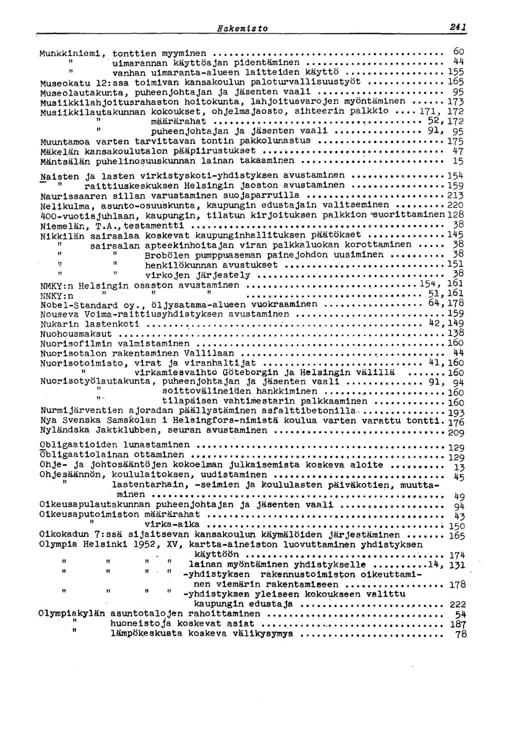 Hakemisto 241 Munkkiniemi, tonttien myyminen 60 " uimarannan käyttöajan pidentäminen 44 " vanhan uimaranta-alueen laitteiden käyttö 155 Museokatu 12:ssa toimivan kansakoulun paloturvallisuustyöt 165