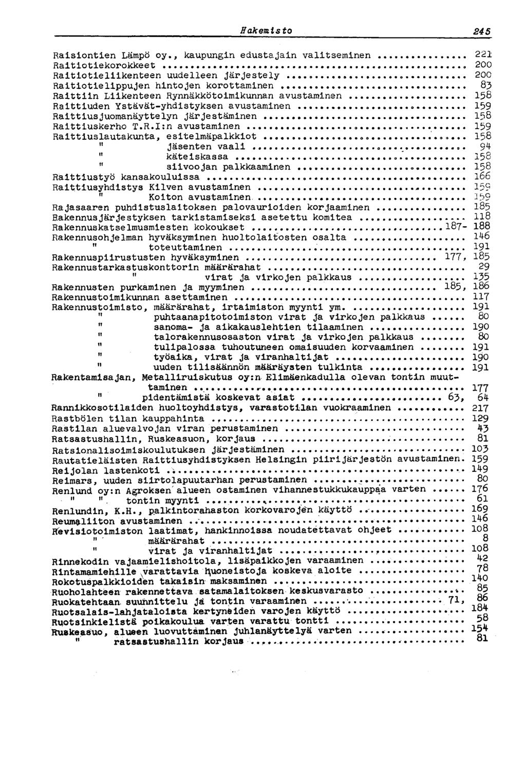 Hakemisto 245 Raisiontien Lämpö oy., kaupungin edustajain valitseminen 221 Raltiotlekorokkeet.