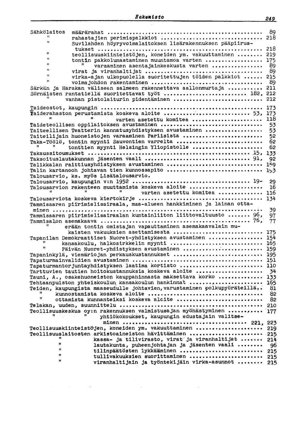 Hakemisto 249 Sähkölaitos määrärahat 89 " rahastajien perimispalkkiot 218 " Suvilahden höyryvoimalaitoksen lisärakennuksen pääpiirustukset 218 " teollisuuskiinteistöjen, koneiden ym. vakuuttaminen.