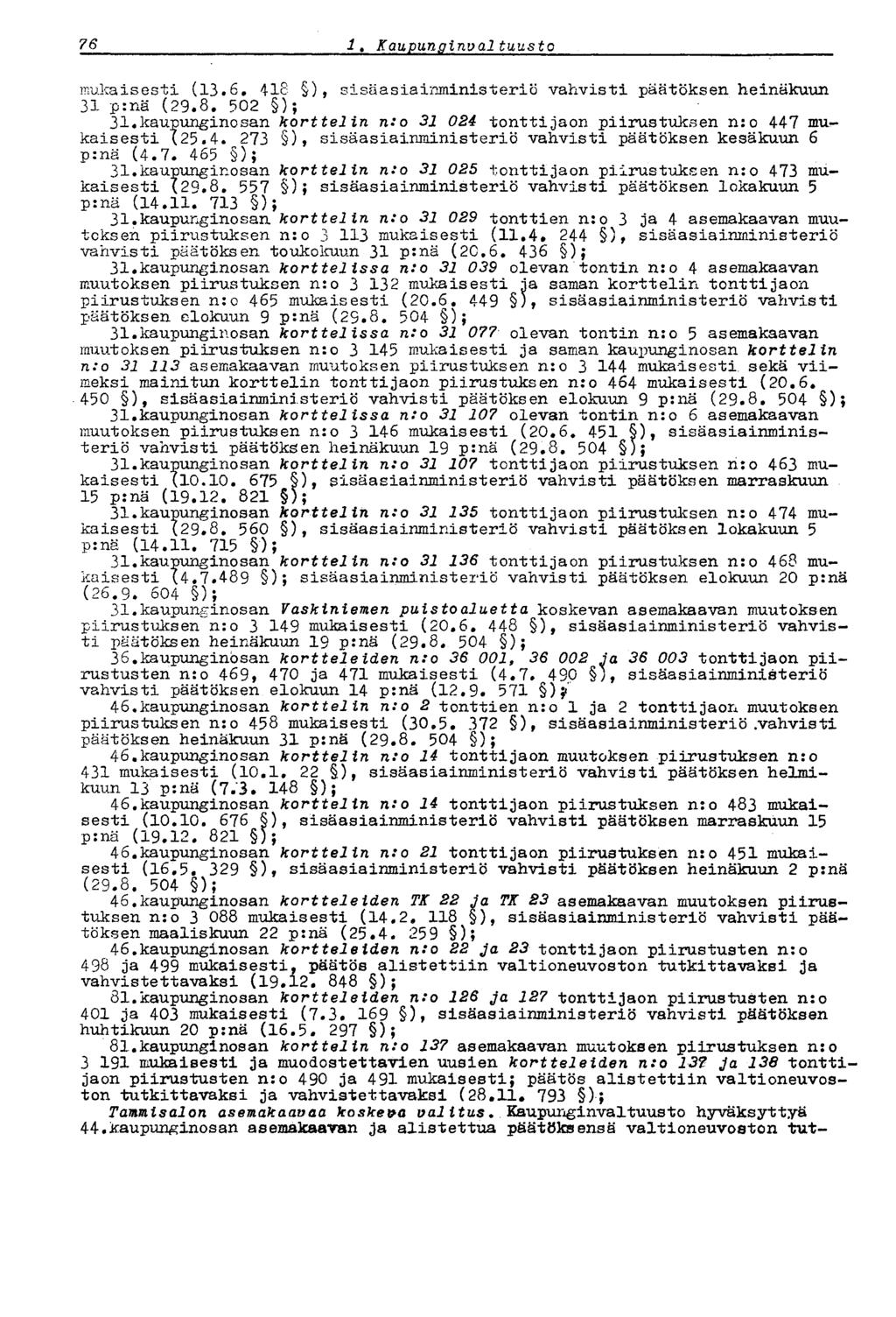 76 i. Kaupunginvaltuusto mukaisesti (13.6, 41c ), sisäasiainministeriö vahvisti päätöksen heinäkuun 31 p:nä (29.8. 502 ); 31.