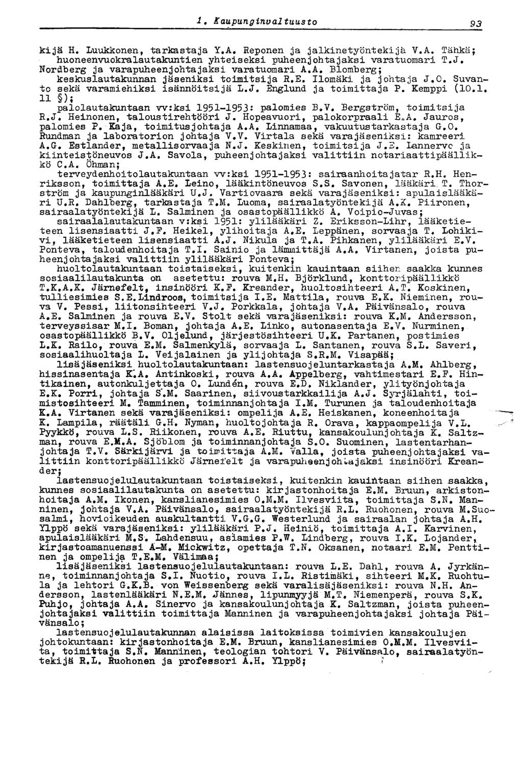 93.' Kaupungirtval tuusto sr kijä H. Luukkonen, tarkastaja Y.A. Reponen ja jalkinetyöntekijä V.A. Tähkä; huoneenvuokralautakuntien yhteiseksi puheenjohtajaksi varatuomari T.J.