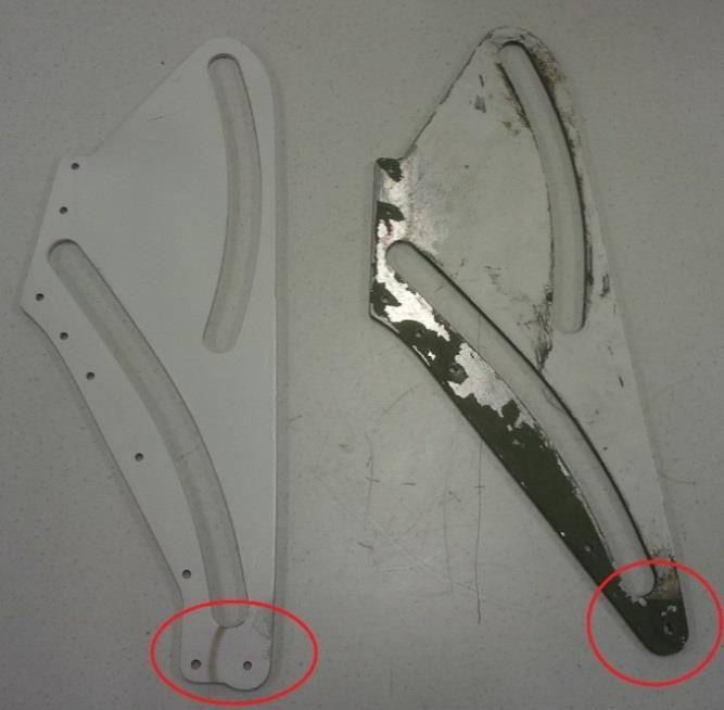 53 Laipan kiinnitysrakenteet (flap track assembly) Apusalkoon suunnitellut Cessna 152 -laipan kiinnitysrakenteet (kuvassa 27) jouduttiin hylkäämään ja tilalle koottiin varaosista uudet.