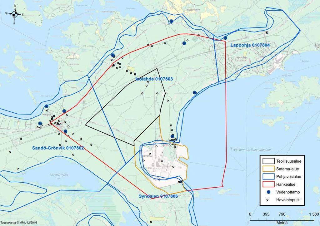 Hydrogeologinen tarkastelu 2.1.2017 13 (14) Kuva 7. Alustavan rakennesuunnitelman mukainen teollisuus- ja satama-alueen sijoittuminen suhteessa pohjavesialueisiin.