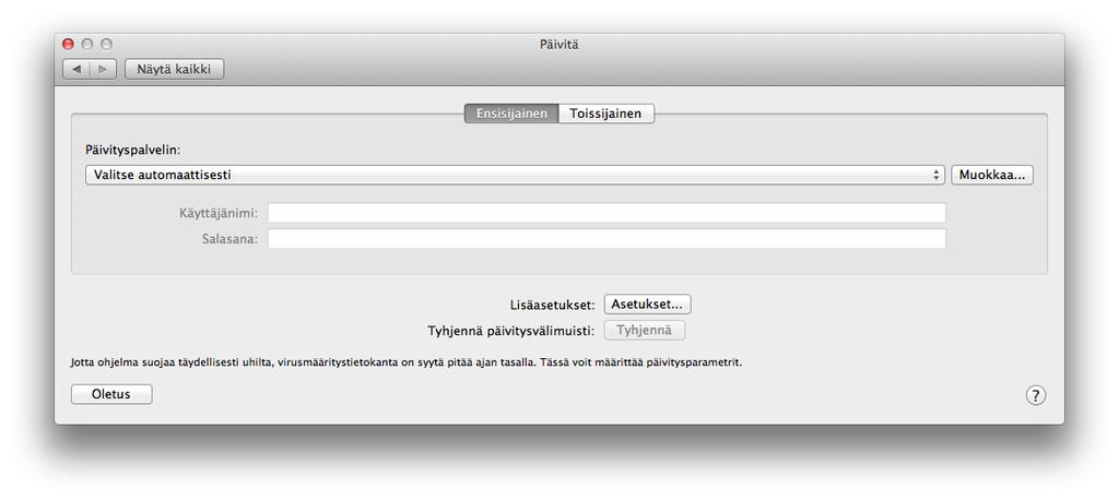 Kun valitset päävalikosta Päivitä, näet voimassa olevan päivityksen tilan, mukaan lukien edellisen onnistuneen päivityksen ajankohdan sekä päivitystarpeen.
