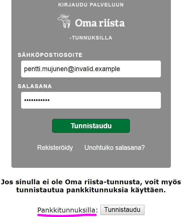 Tunnistaudu palveluun joko Oma riista