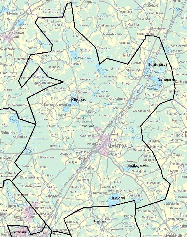 6(38) 3 TARKASTELTAVAT JÄRVET Mäntsälän kunta sijaitsee Uudenmaan maakunnassa. Mäntsälän pinta-ala on 596,11 km², josta 15,25 km² on vesistöjä.