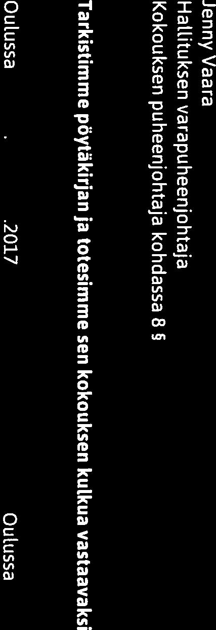 13 5 Kokouksen päättäminen HPJ Kronqvist päätti kokouksen klo 10.59. Pöytäkirjan vakuudeksi Oulussa i..2017 Oulussa Z.