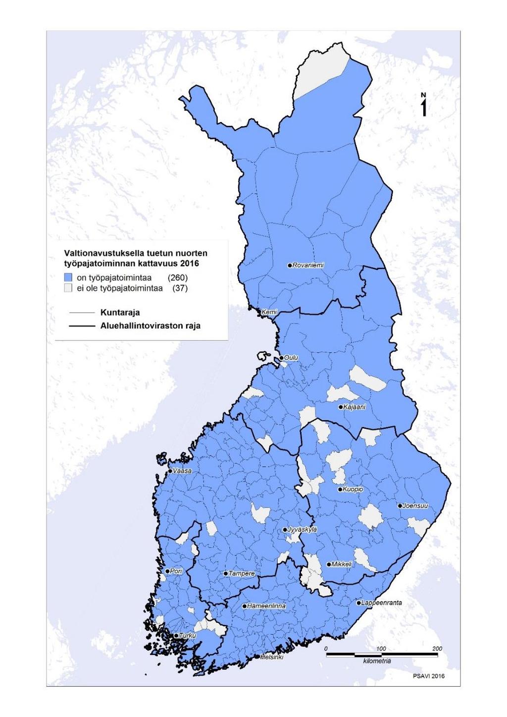 Työpajatoiminnan kattavuus Valtionavulla tuettu