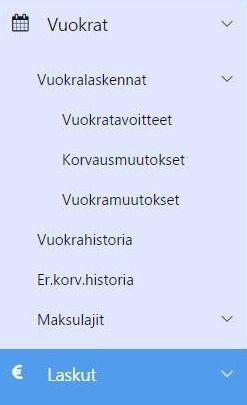 Vuokrat: Vuokrien laskenta tapahtuu Vuokratavoitteet-ohjelman avulla. Vuokrassa voi olla monia siihen vaikuttavia prametrejä, kuten vuosi- tai kuukausivuokra. Vuokria tai erilliskorvauksia (esim.