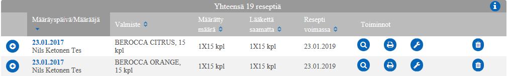 Myös mahdollisten toimitusten tiedot näytetään. Jos valmisteella on toimitustietoja, saat ne näkyviin rivin vasemmassa laidassa olevasta plus-kuvakkeesta. Alimpana ovat reseptin aiemmat versiot.