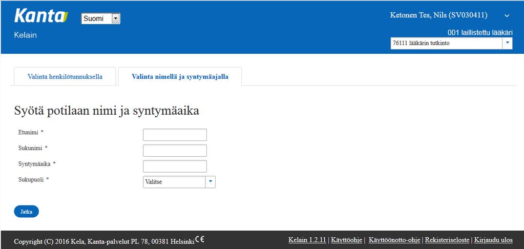 Voit vaihtaa potilaan Vaihda potilas linkistä, joka löytyy potilaan nimen ja syntymäajan vierestä. Et saa tämän jälkeen enää henkilötunnuksettoman potilaan reseptitietoja näkyviin. 4.2.