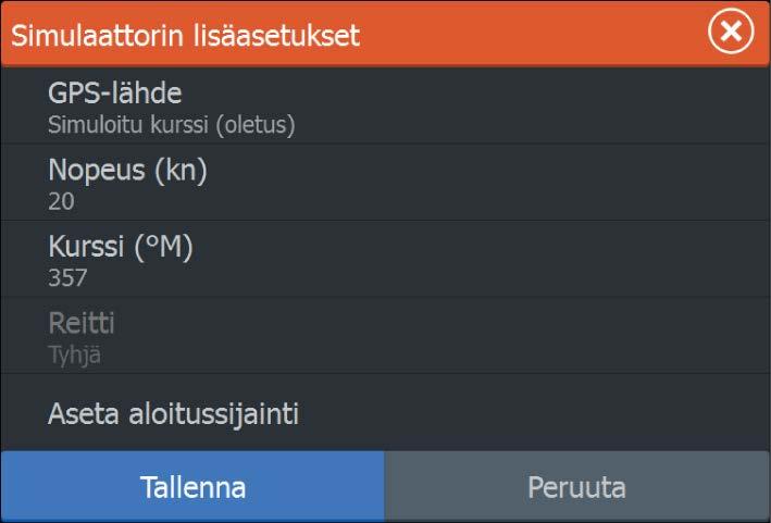 Speed (Nopeus), Course (Kurssi) ja Route (Reitti) Arvot voidaan syöttää manuaalisesti, kun GPS-lähteeksi on määritetty Simulated course (Simuloitu kurssi) tai