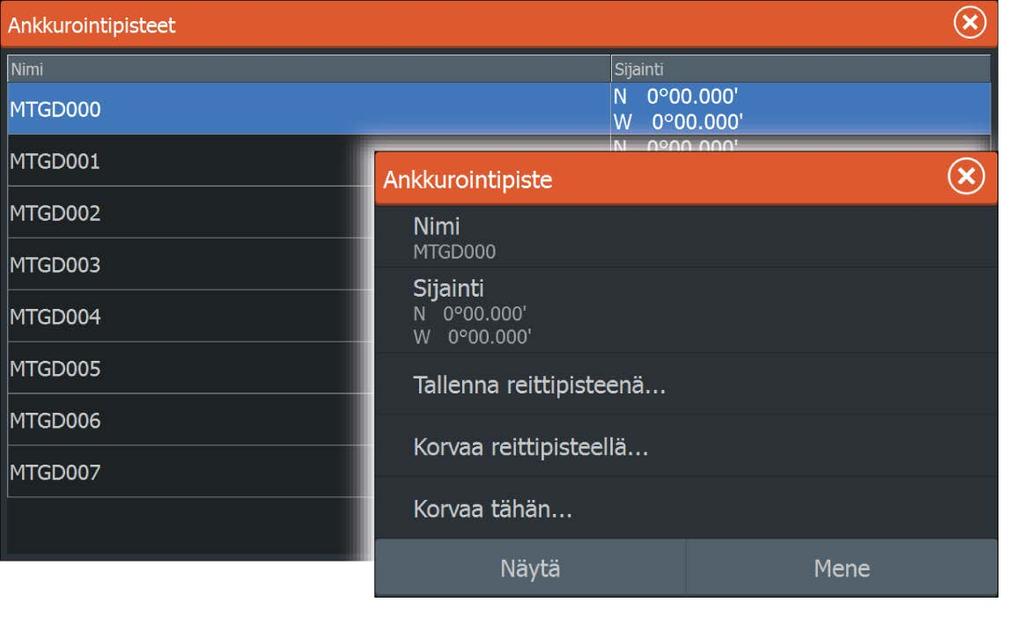 Anchor point setup (Ankkuripisteiden määritys) Ankkuripisteet voidaan tallentaa uutena reittipisteenä, korvata järjestelmässä olevalla reittipisteellä tai asettaa nykyisiksi koordinaateiksi.