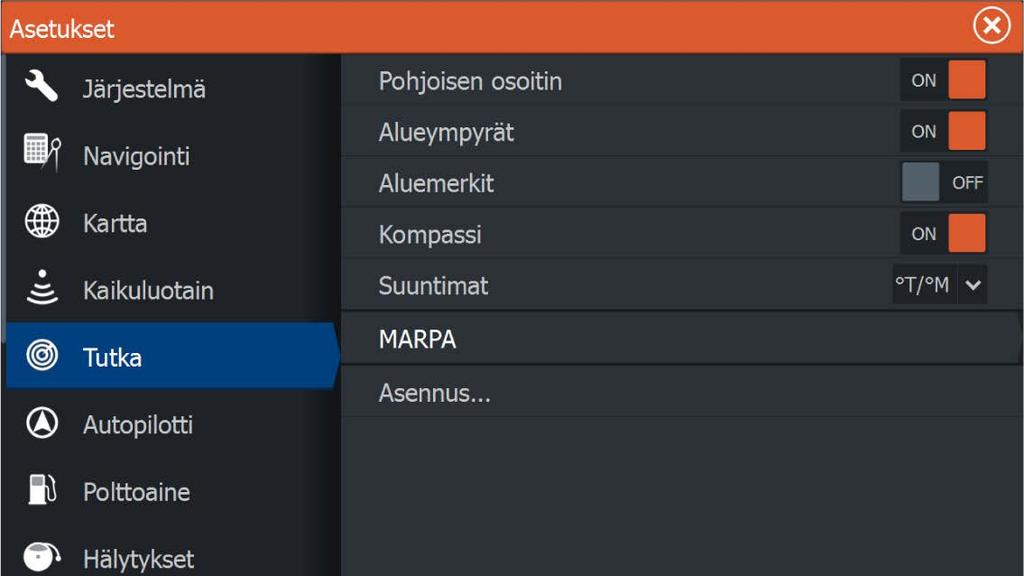 Tutkan asetukset Tutkasymbolit Voit valita, mitkä tutkan lisätoiminnot voi ottaa käyttöön tai poistaa käytöstä yhteisestä valikosta. Lisätietoa on tutkanäytön kuvassa.