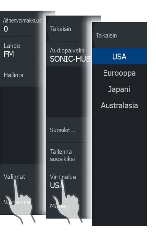 jotka tukevat RCA-yhteyttä. Sirius-radion käyttöä voidaan ohjata, kun Lowrance-säämoduuli on liitetty SAT IN -liitäntään. Muissa lisäaudiolähteissä on vain äänenvoimakkuuden säätömahdollisuus.