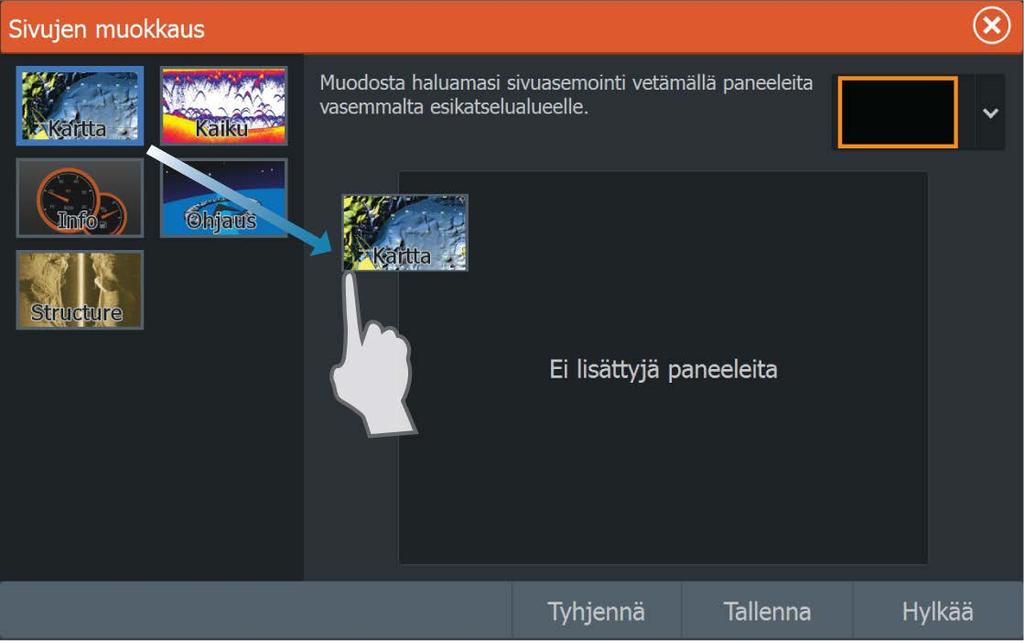 Uusien suosikkisivujen lisääminen 1. Avaa sivun muokkauksen valintaikkuna valitsemalla aloitussivun suosikkiruudusta Uusi. 2. Määritä uusi sivu vetämällä ja pudottamalla sivukuvakkeita. 3.