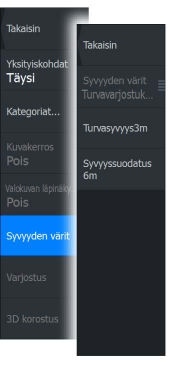 Syvyyden värit Määrittää kartassa käytettävät syvyyden värit. Paper chart (Paperikartta) Vaihtaa kartan ulkoasun perinteisen paperikartan näköiseksi.