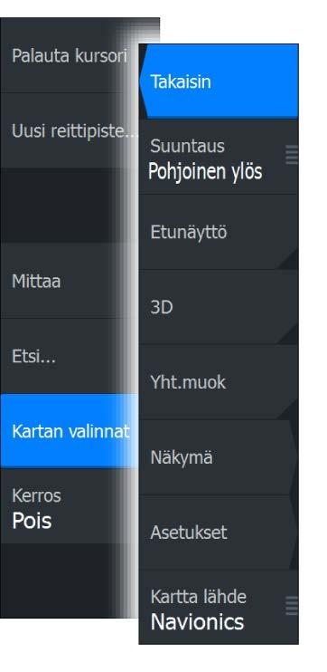 Navionicsia koskevat kartta-asetukset Suunta, laajennettu näkymä eteenpäin, 3D ja karttalähteen muuttaminen (kuvattu aiemmin tässä osiossa) koskevat kaikkia karttatyyppejä.