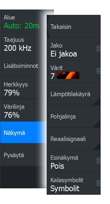 Vieritystä ja näyttöä säädellään toistovalikossa. Kohdistinta voi käyttää toistetussa kuvassa normaalisti ja kuvaa voi panoroida samalla tavalla kuin muitakin kaikukuvia.