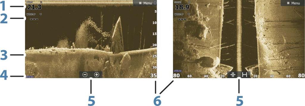 1 Syvyys Ú Huomautus: Syvyyslukema riippuu rakenteen syvyyskorjauksen asetuksesta, katso "Structurekölikorjaus" sivulla 83 2 Lämpötila 3 Pohja 4 Taajuus 5 Zoomauksen (alasluotaus) / mittausalueen