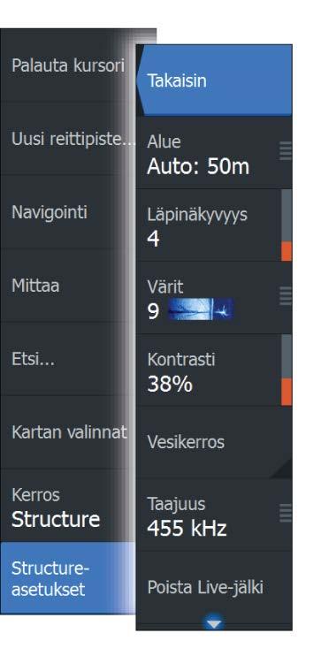 Structure options (Rakenneasetukset) StructureMap-asetuksia muutetaan Structure options (Rakenneasetukset) -valikossa. Valikko on käytettävissä, kun rakennetietokerros on käytössä.