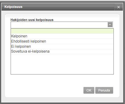 Kelpoisuus valitaan valitsemalla haluttu hakija hakijalistalta ja tämän jälkeen Kelpoisuus -painike näkymän alaosasta tai CV-näkymässä ylärivin painike.