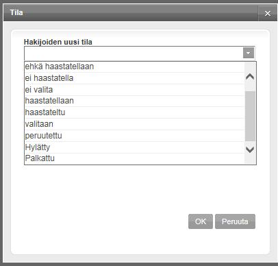 Ikkunasta näkyy, kenen tilaa ollaan muuttamassa ja alasvetovalikosta voidaan valita haluttu tila. Muutos vahvistetaan OK-painikkeella.