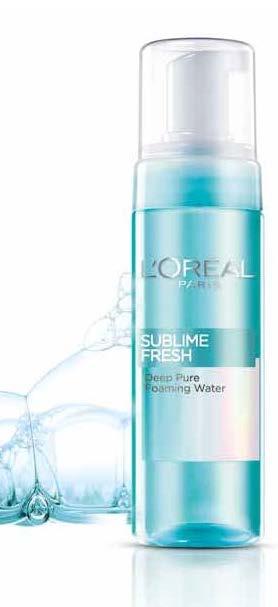 L Oréal Paris Sublime Fresh vaahtoutuva puhdistusvesi koostuu miljoonista kuplista ja tuote puhdistaa meikin ja epäpuhtaudet kasvoilta sekä silmistä.