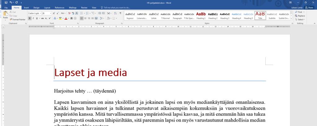 Aluksi Avaa tietokone ja mikäli teet harjoituksen mikroluokassa, kirjaudu sisään peruspalvelutunnuksellasi.