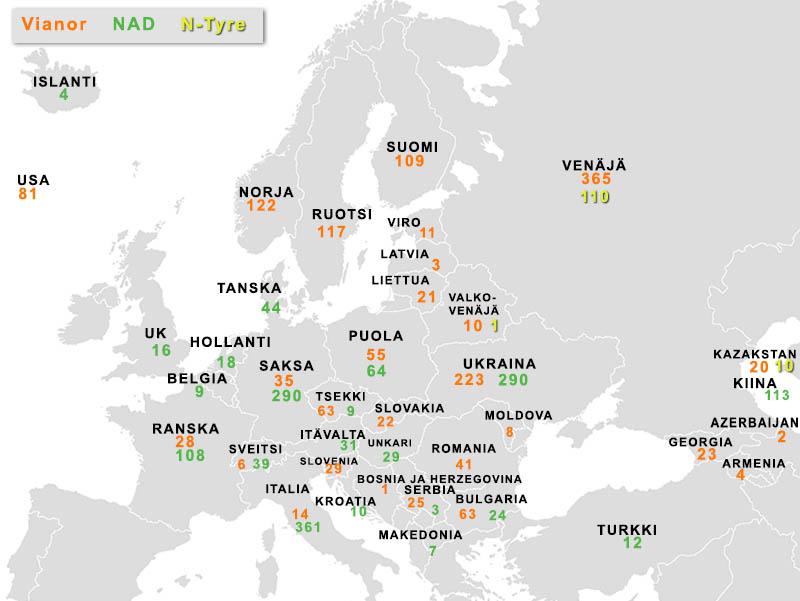 Jälleenmyyjäkumppaniverkosto Vianor, NAD, N-Tyre +286 myymälää 2016 Vianor 1,501 myymälää 27 maassa 212 omaa, 1 289 partneria +26 myymälää 2016 suurin rengasketju Pohjoismaissa ja Baltiassa: 383