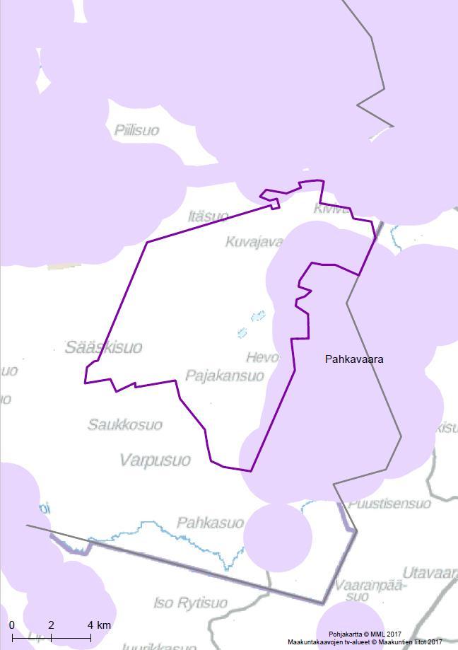 143 Kartta 3. Puskurianalyysin tulokset. Tarkasteltava tuulivoima-alue Pohjois-Pohjanmaan 1.