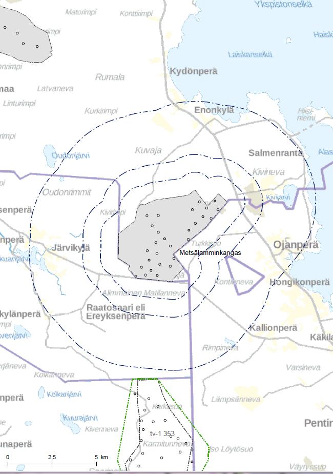 148 Kartta 2. Tarkasteltava tuulivoima-alue ja muut lähialueen olemassa olevat tai suunnitellut tuulivoima-alueet Pohjois-Pohjanmaan 1.