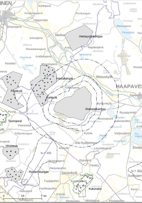 16 Kartta 2. Tarkasteltava tuulivoima-alue ja muut lähialueen olemassa olevat tai suunnitellut tuulivoima-alueet Pohjois-Pohjanmaan 1.