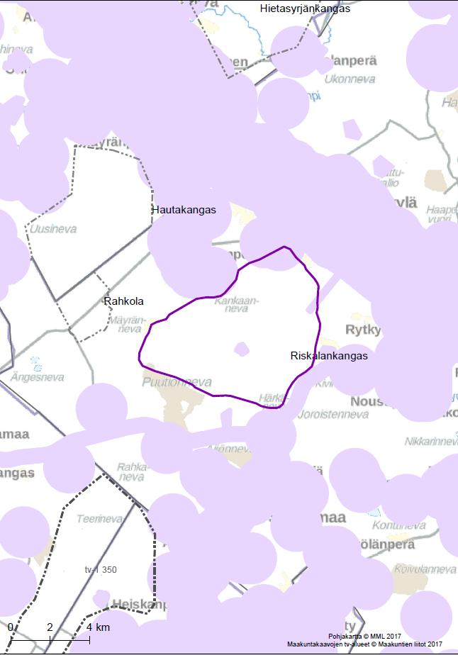 17 Kartta 3. Puskurianalyysin tulokset. Tarkasteltava tuulivoima-alue Pohjois-Pohjanmaan 1.