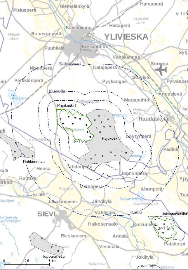 175 Kartta 2. Tarkasteltava tuulivoima-alue ja lähialueen olemassa olevat tai suunnitellut tuulivoima-alueet Pohjois-Pohjanmaan 1.