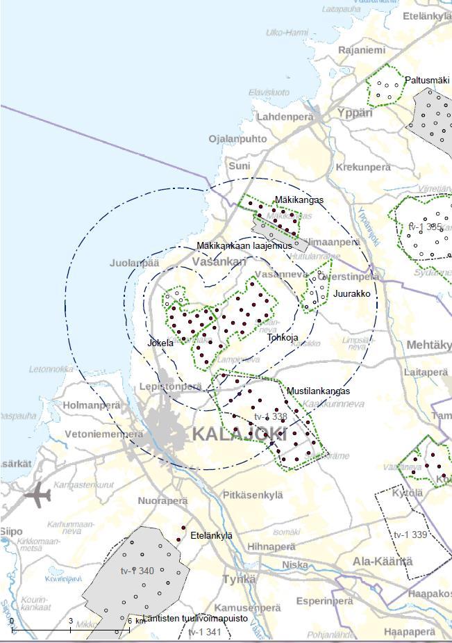 40 Kartta 2. Tarkasteltava tuulivoima-alue ja muut lähialueen olemassa olevat tai suunnitellut tuulivoima-alueet Pohjois-Pohjanmaan 1.