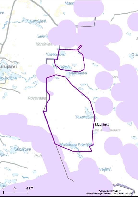 53 Kartta 3. Puskurianalyysin tulokset. Tarkasteltava tuulivoima-alue Pohjois-Pohjanmaan 1.