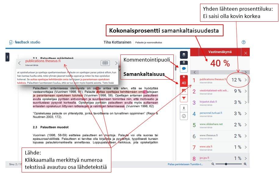 11 5.1Samankaltaisuus(Similarity) Alla on esimerkki saadusta Feedback Studio -raportista, jossa ylälaidassa näkyy samankaltaisuusprosentti.