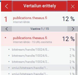 Eritellyt vastineet listautuvat näkyviin, ja jos kyseessä on Internet-lähde, voidaan se avata listauksesta (kuva alla).