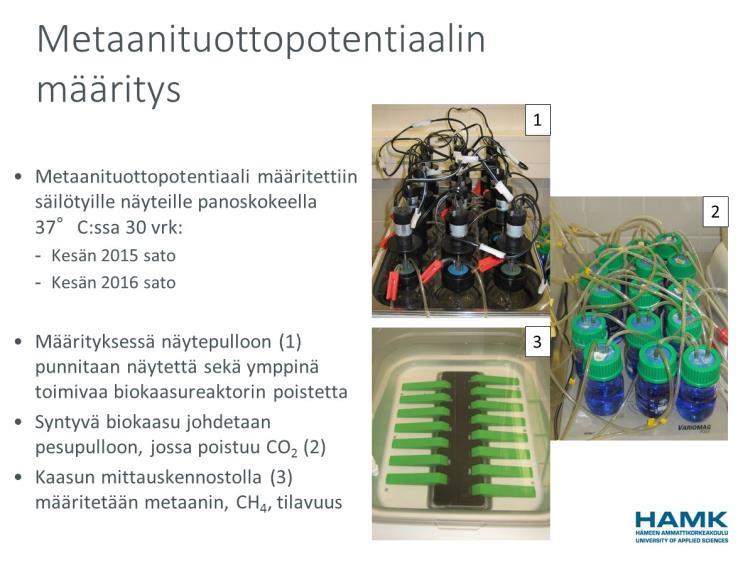 Toimenpiteet liittyen biokaasun tuotanto -tutkimusosioon kerääjäkasvien säilöntä, syksy 2015 ja 2016, ja säilönnän seuranta (n.