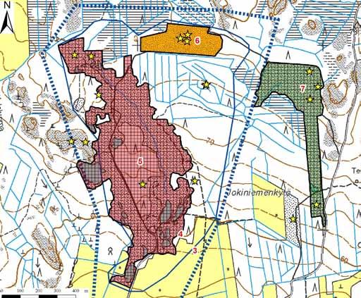 Kuva 161. Soranottoalueet: Nahkala A:n pohjavesialueen pohjoisosa, 1023301 A I lk, Kauhava. Pelkkikankaan pohjavesialueelta (kuvat 163 ja 164) kartoitettiin kahdeksan soranottoaluetta.