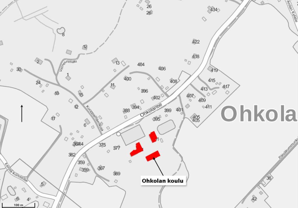 6.8 Ohkolan koulu Mäntsälässä 94 Koulun yleisesittely Ohkolan koulu sijaitsee Ohkolantien (yhdystie 1456) varressa Mäntsälässä (Kuva 57). Koululta on matkaa Mäntsälän keskustaan noin 14 kilometriä.